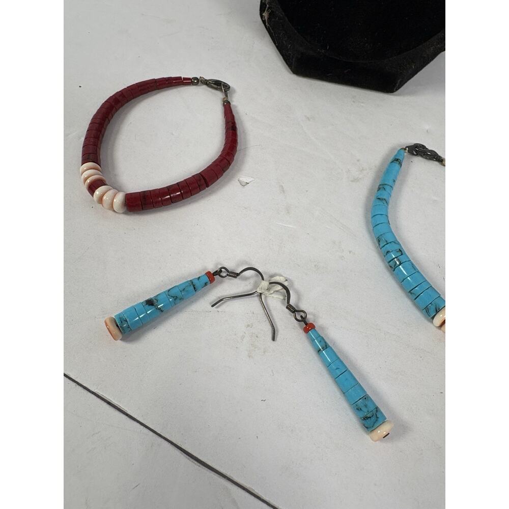 Block Turquoise and Coral Graduated Heishi Necklace, Bracelets And Earrings Set - Picture 3 of 15
